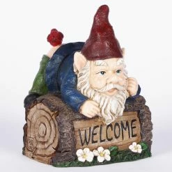 New ✨ Garden Gnomes Hi-Line Gift Ltd. Welcome Sign Gnome Crawling Over Tree Trunk ✔️ -Garden Statues Shop detail6HILI993