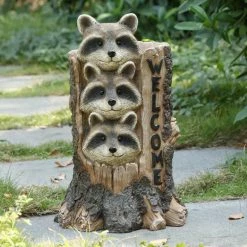 Budget 🌟 Animal Statues Hi-Line Gift Ltd. Stacking Raccoon Welcome Sign 🛒 -Garden Statues Shop inuseHILI1004
