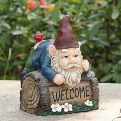 New ✨ Garden Gnomes Hi-Line Gift Ltd. Welcome Sign Gnome Crawling Over Tree Trunk ✔️ -Garden Statues Shop inuseHILI993