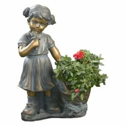 Outlet 💯 Children Statues LuxenHome Girl Picking Flowers Statue And Plant Holder 👍