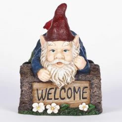 New ✨ Garden Gnomes Hi-Line Gift Ltd. Welcome Sign Gnome Crawling Over Tree Trunk ✔️ -Garden Statues Shop scaleHILI993